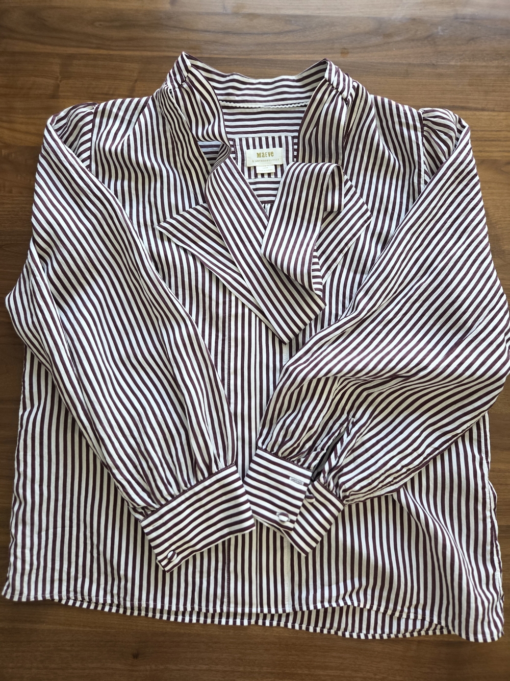 Maeve Anthropologie Tie-Neck Blouse Maroon Brown & White Vertical Stripes Large - Picture 2 of 11